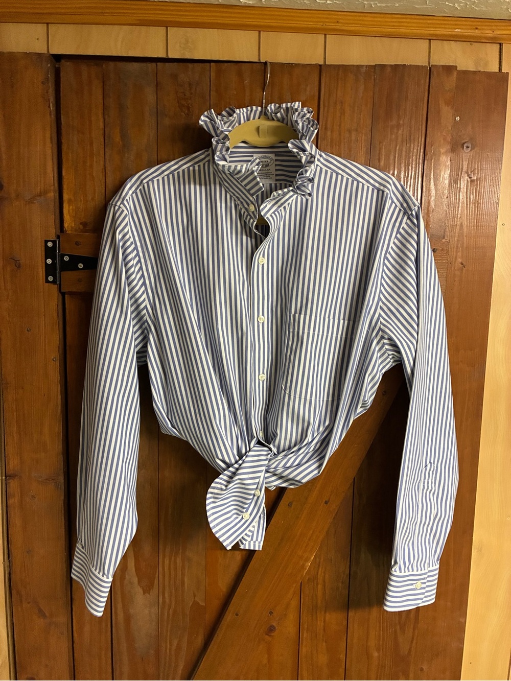 Brooks Brothers White and Blue Vertical-Stripe Ruffle-Collar Shirt - Picture 4 of 4